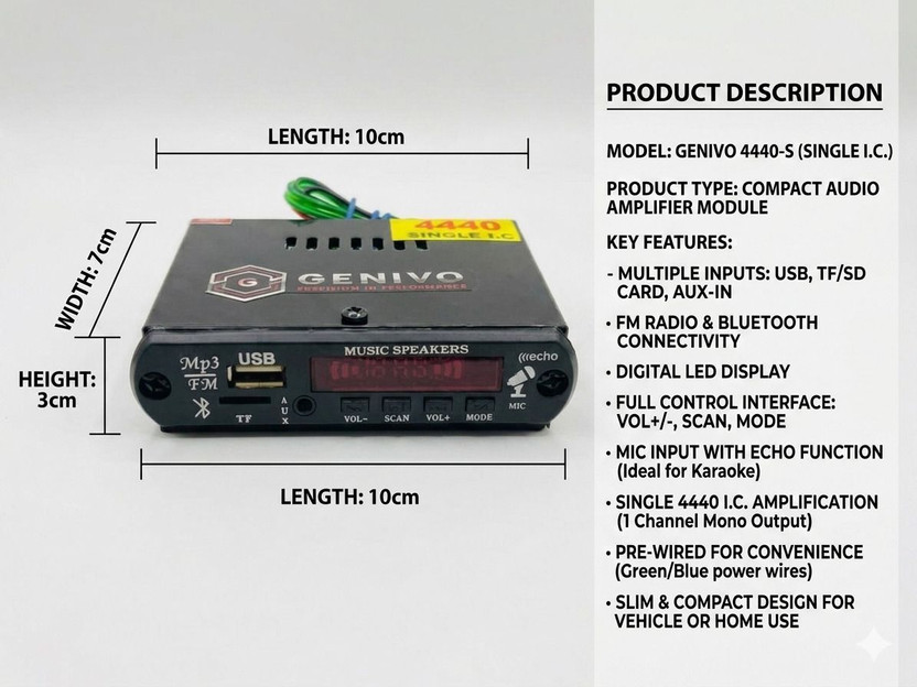 genivo mini amplifier for all types of vehicle bluetooth/AUX/USB 12 W AV Power Amplifier(Black)
