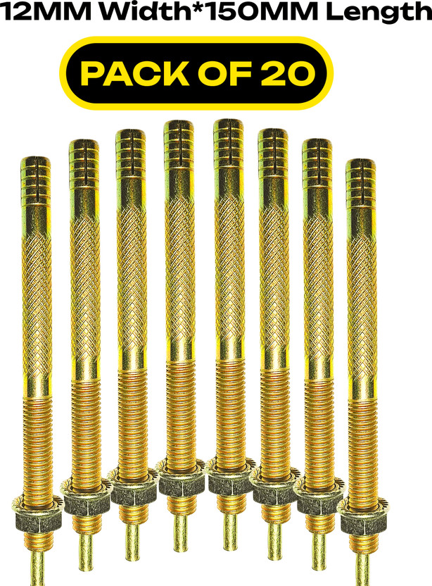 MONDAL INDUSTRIES (PACK OF 20) (12mm*150mm) Pin Type Anchor 6 INCH With Nut And Washer Zinc Plated Hammer Drive Anchor(14.5 cm)