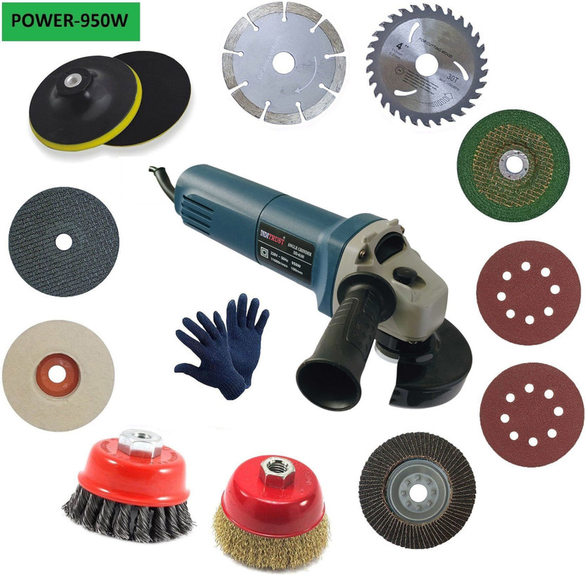 Inditrust Inditrust Electric Angle Grinder Machine with 1pair Glove 2pc Vecro pad 1pc 4inch (Felt Flap Metal Cutting Grinding Marble Wood Wheel ) 1p 5inch Backing Pad 2pc 3inch Golden and Twisted Cup brush set Angle Grinder(100 mm Wheel Diameter) - Flipkart Deal