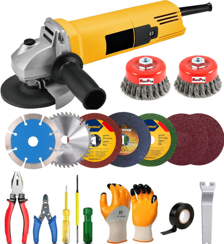 RanPra 850 WATT 4 INCH ANGLE GRINDER WITH 8 WHEEL 2 CUP BRUSH AND 6 HAND TOOL Angle Grinder(100 mm Wheel Diameter)