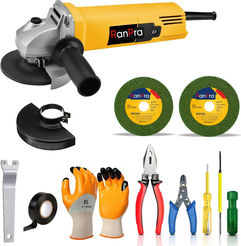 RanPra 4INCH ANGLE GRINDER WITH 4 HANDTOOL SET & SAFETY GLOVES| CUTTING BLADE Angle Grinder(100 mm Wheel Diameter)