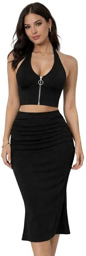 shoptowear Women Two Piece Dress Black Knee Length Dress