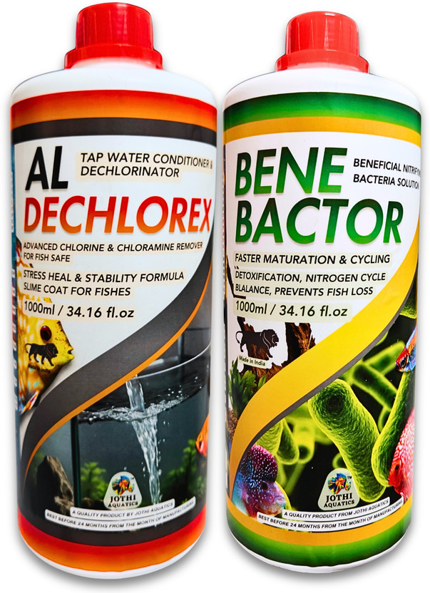 Jothi Aquatics Aquarium Fish Tank Essentials Starter Kit | AL Dechlorex + Bene Bactor |2x1000ml Solvent Aquarium Cleaner