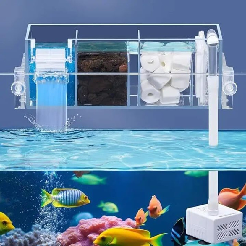 Rizopets 3-Chamber Hanging Aquarium Filter with Mechanical Chemical Bio Filtration,6W Sponge Aquarium Filter(Biological Filtration for Salt Water and Fresh Water)