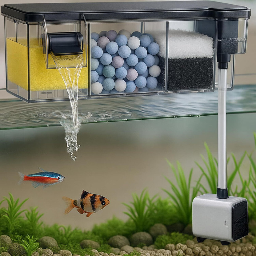 FinyPetz BL-772 Aquarium Top Filter 8W 600L/H with Pump & 3-Layer Filtration Power Aquarium Filter(Mechanical Filtration for Salt Water and Fresh Water)