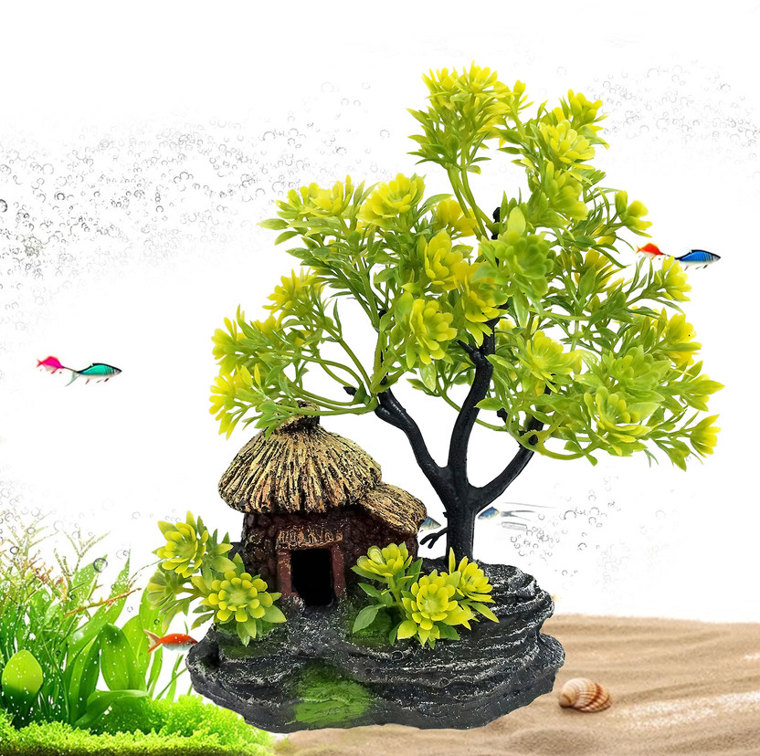 Jainsons Pet Products Aquarium Artificial Green Plants with Fish House and Resin Landscape Base 7 Inch Aquarium Plant Anchor(1 Plant Anchors)