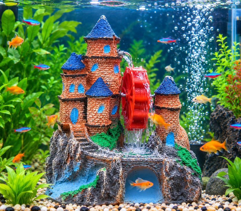 AQUARIUMAURA Castle Water Wheel Aquarium Ornament River Rock Planted Substrate(Multicolor, 0.3 kg)