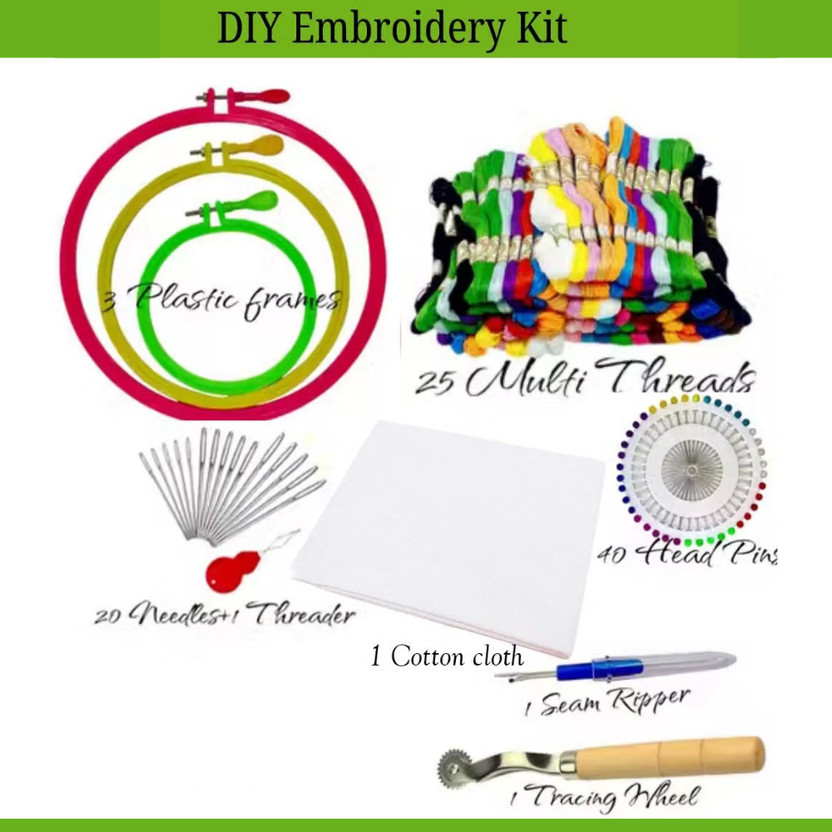 Qroof Embroidery Material Set With Frame, Cloth, Yarn and Accessories