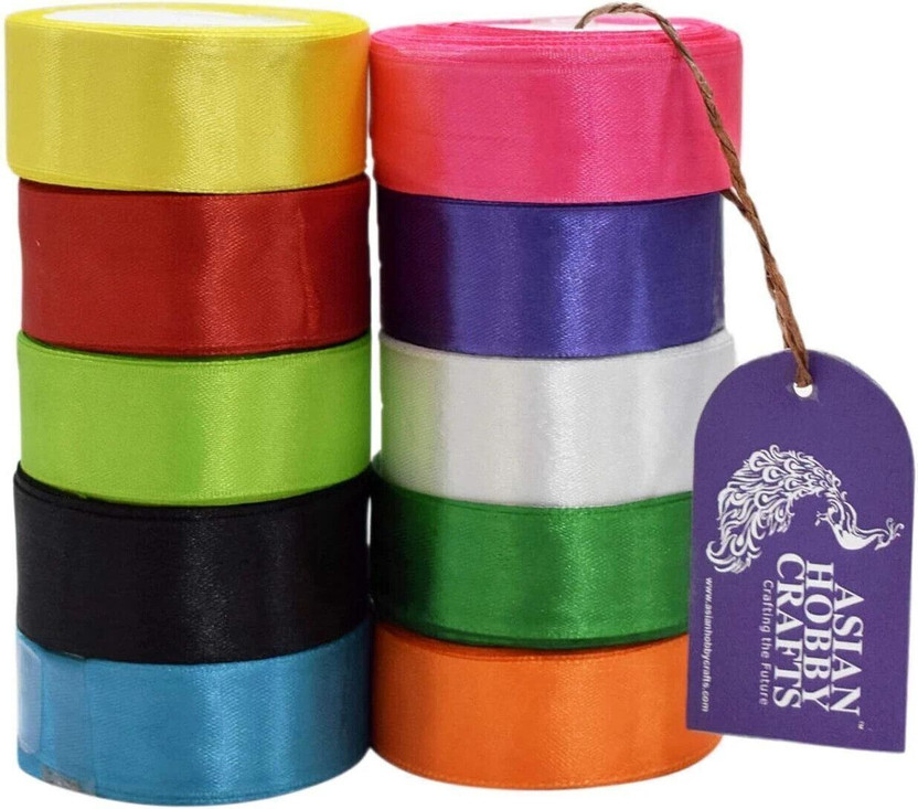 ASIAN HOBBY CRAFTS Satin Ribbon 1” Wide, Roll Length 10 Meter, Multiple Colors, Pack of 10 Rolls