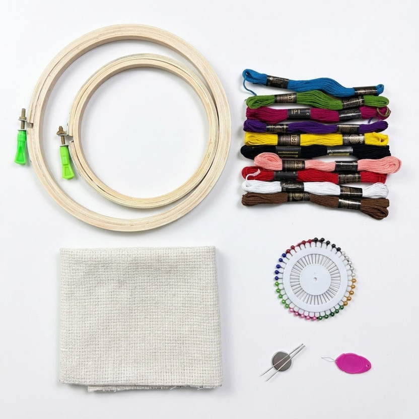 KHUSHA CREATIONS Embroidery Kit with 8 & 6 Inch Hoops, Threads, Cloth & Needles Set