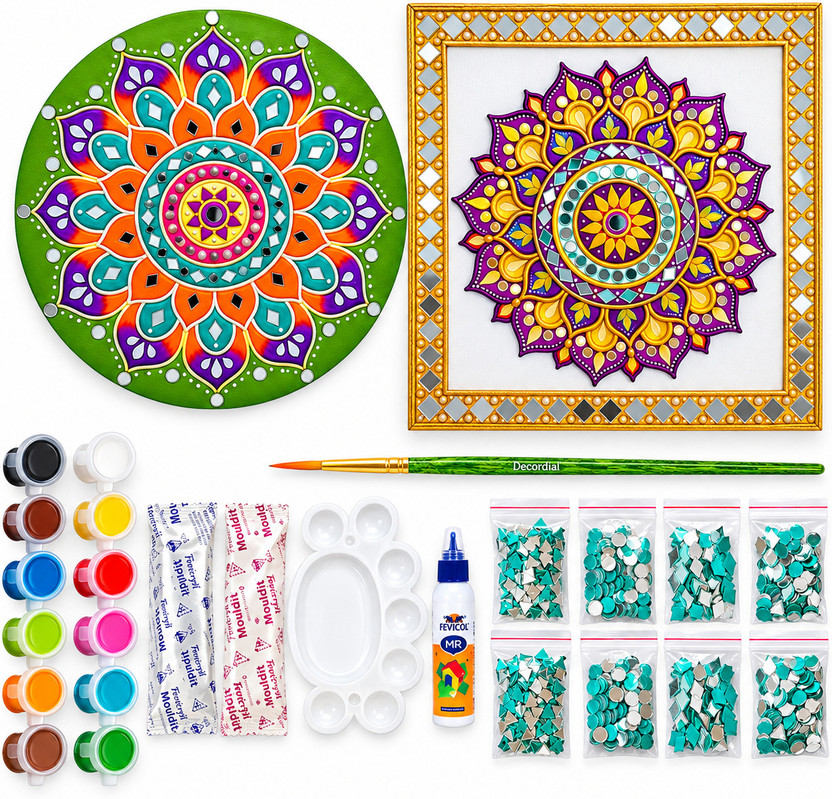 decordial decordial madhubani Mandala lippan art kit mdf boards decorative mirrors colours clay - Flipkart Deal