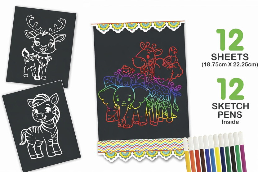Online Aangan Neon Art Jungle Junior Creative Coloring Kit with 12 Sheets and 12 Sketch Pens
