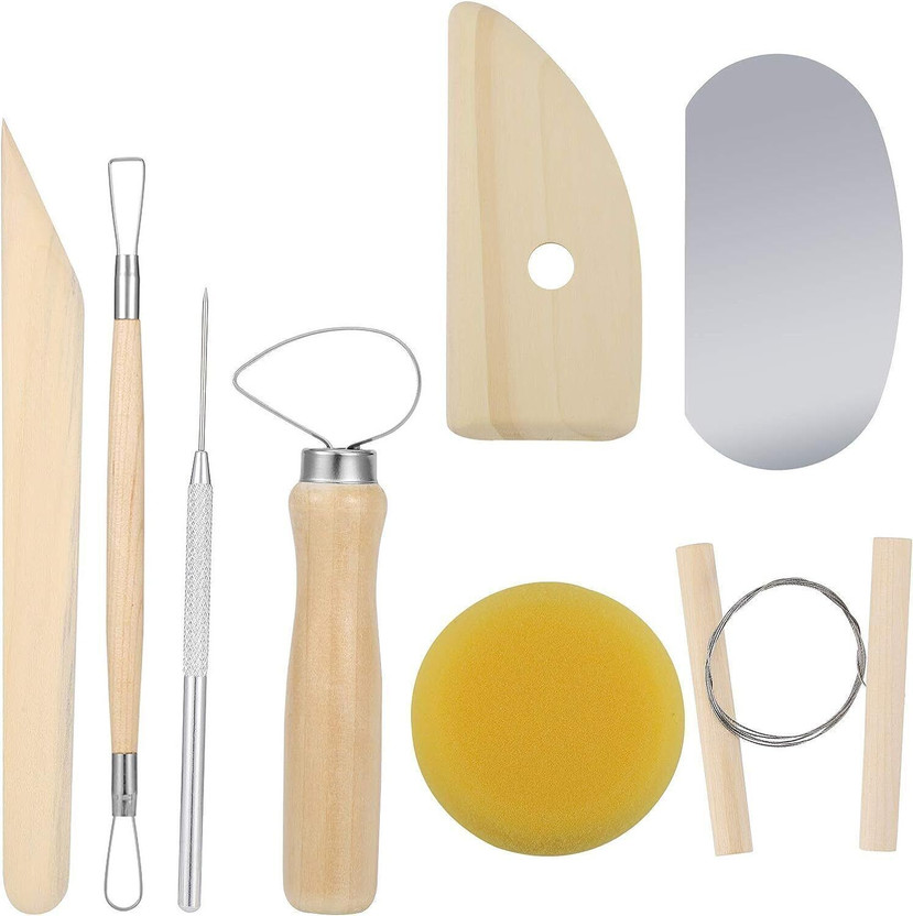 Qatalitic 8 Pcs Wooden Pottery Tool Kit with Sponge, for Sculpting, Carving & Shaping kit