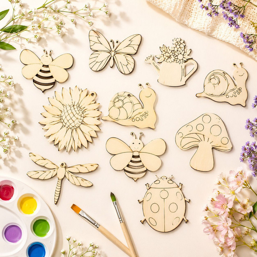 Wood Heart Wooden Nature Craft Kit for Kids DIY Painting Set with Butterfly Bee Like Shapes