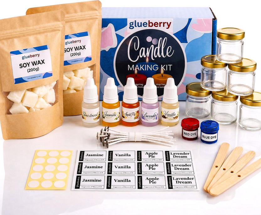 Glueberry Candle Making Kit | 400g Soy Wax, 5 Fragrances, 6 Glass Jars, 15 Wicks, 2 Dyes