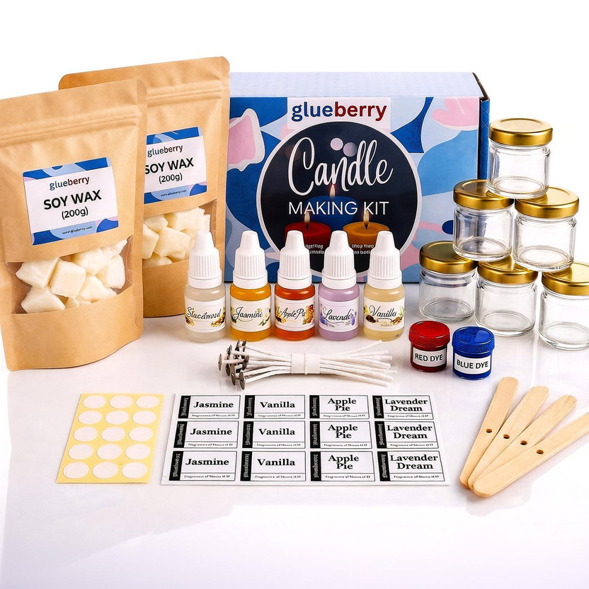 Glueberry Candle Making Kit | 400g Soy Wax, 5 Fragrances, 6 Glass Jars, 15 Wicks, 2 Dyes
