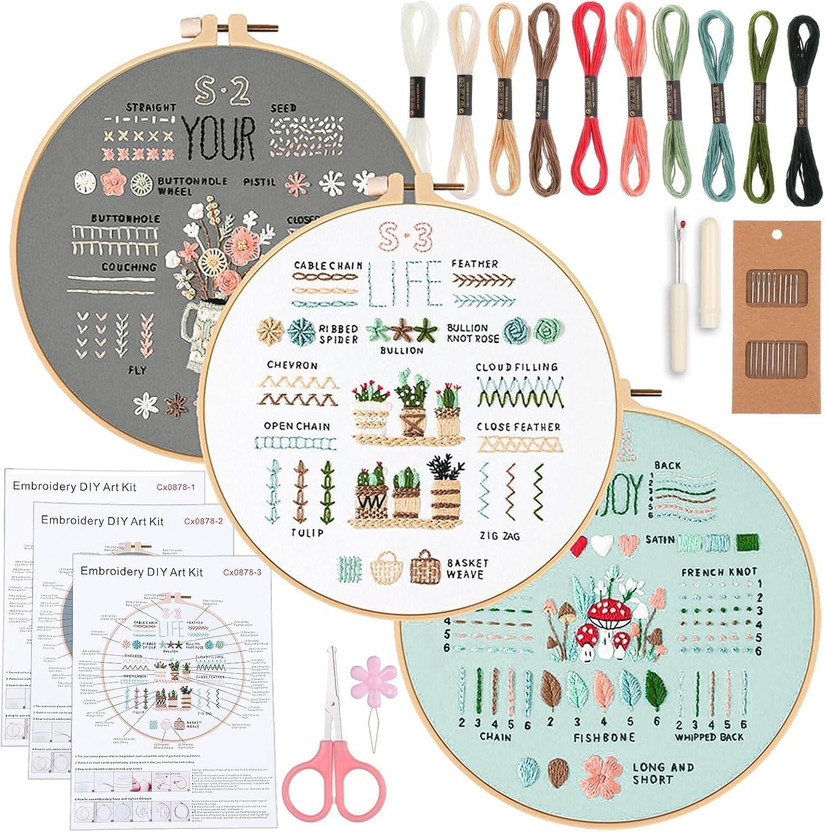 Kienlix 3 Sets Embroidery kit for Beginners Adults, Learn 34 Different Stitches DIY Kits