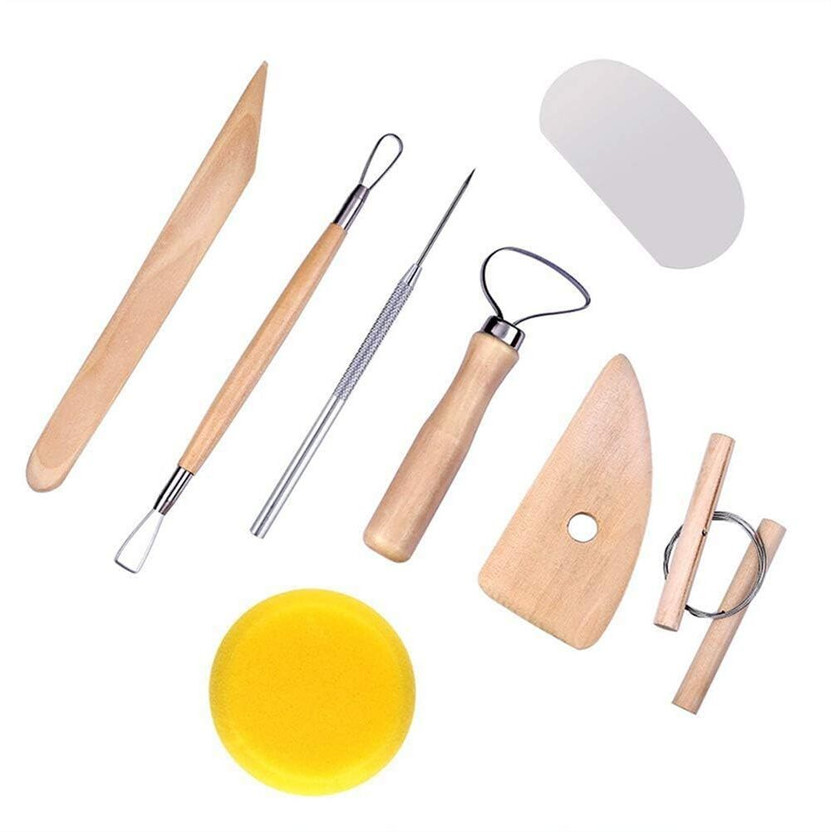 Schubert 8 Pcs Wooden Pottery Tool Kit with Sponge for Sculpting,Carving,Molding&Shaping