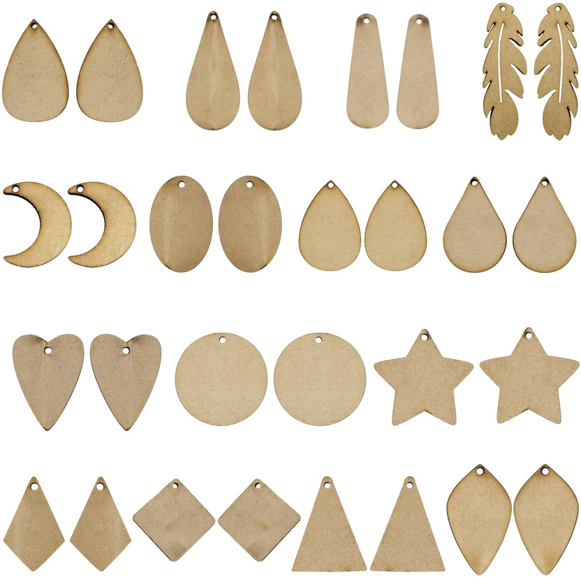 INDIKONB Wood Blank Earrings DIY Kit - 30 Unfinished Wooden Pendants for Jewelry Making