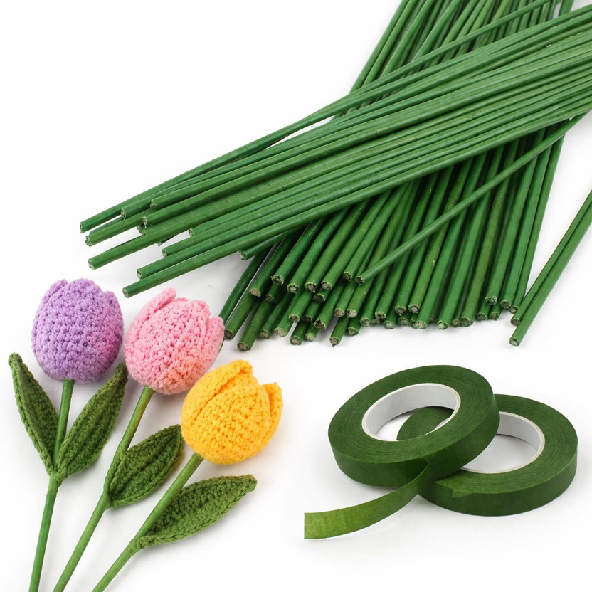 PIXORA 50Pcs Floral Stem Wire with 2pcs Green Tape Combo for Bouquet & Crochet Flowers