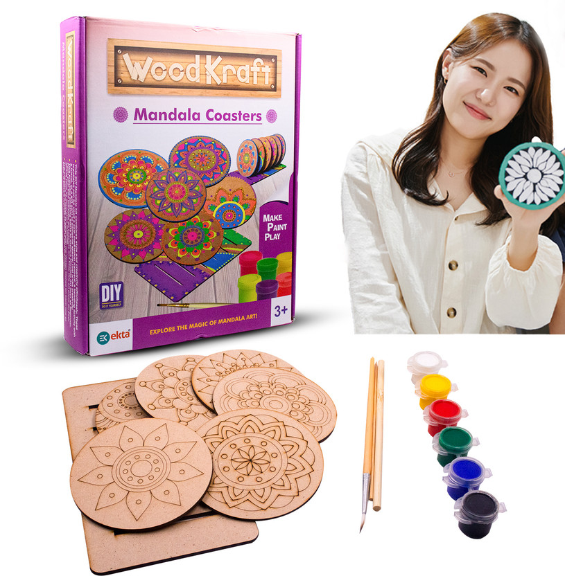 Ekta WoodKraft DIY Mandala Coaster Painting Kit, 6 Coasters with Intricate Designs