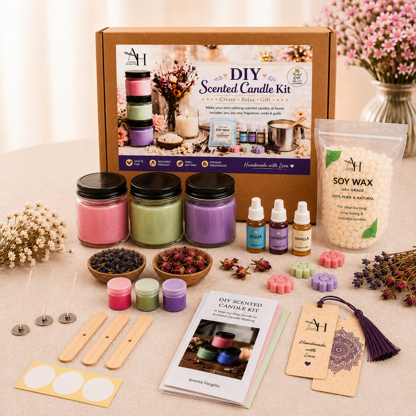 Aroma Heights DIY Scented Candle Making Kit with Soy Wax, 3 Glass Jars & Special Bookmark