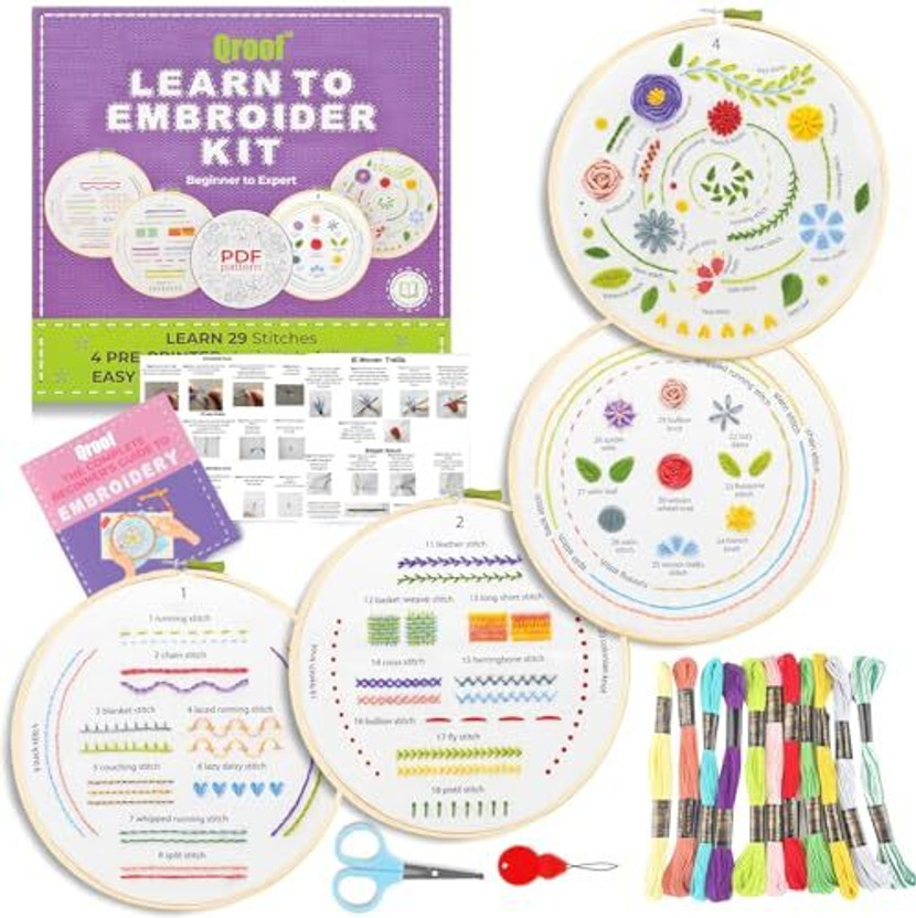Qroof Diy Beginners Embroidery Cross Stitch -4 Patterns Fabric Set, Hoop, Threads