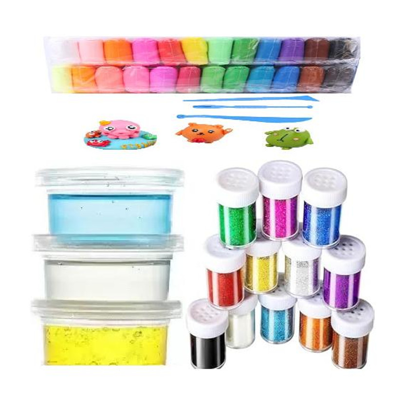 Freedy 3 Crystal Slime and 12 Air Dry Clay Non-Toxic Combo with 12 Glitter and Tools