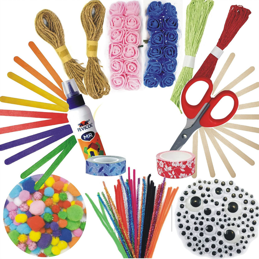 INDIKONB 11 in 1 DIY Crafts Kit Set for Girls and Boys with Art and Craft Materials Supplies for Kids ( Pom Pom , Pipecleaner , Googly Eyes , Foam Flowers , Glitter Tapes , Paper Thread , Glue , Sciss