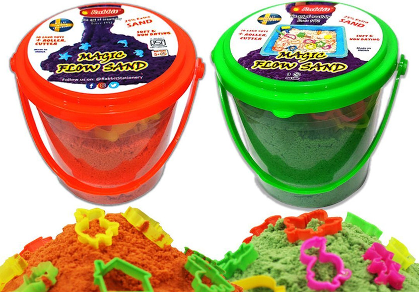 Rabbit 2 Sand Bucket 500 gms| Sand Play toy|Kids playing with Sand|Outdoor and Indoor Play Sand Kit|Sand toy| Perfect Creative products for Kids Boys Girls|Non toxic and Child Safe|Combo Pack Contains 2 Sand Bucket with 10 Sand toys each + 1 ROLLER & Cutter