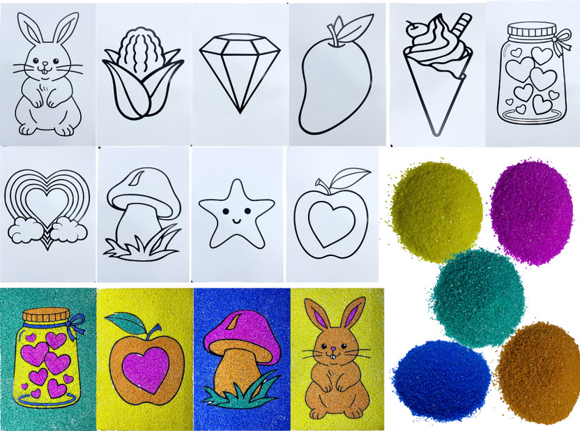 AP SINHA Fun With Sand Art Set of 10 Sheets with Colourful Sand Activity Kit for Kids