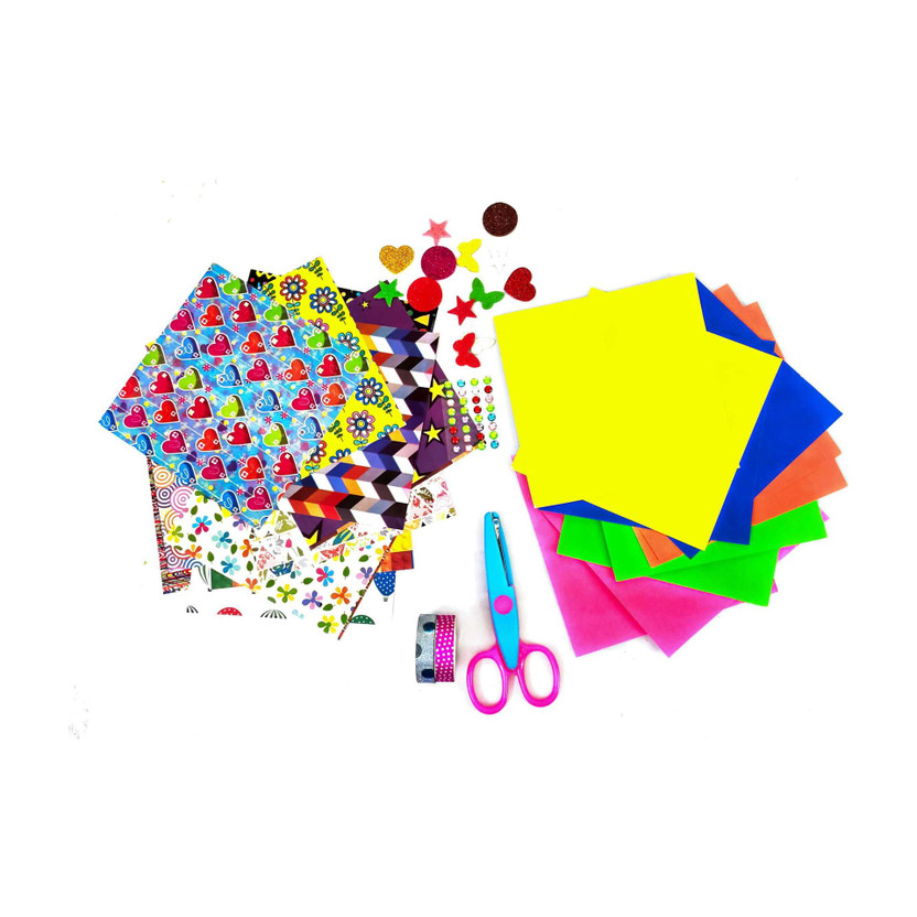 KHUSHA CREATIONS Paper Craft KIt: Designer Printed Craft Paper , Multicolor Craft papers with Craft Scissors And Decoration Materials for Scrapbook Making , Paper Craft , Greeting card Making , Poster making , DIY projects / Art and Craft kit for Kids / Gift for Kids / Craft Material kit / Craft Hob