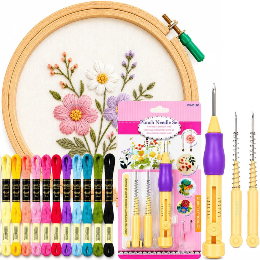Qroof Punch Needle Embroidery Set with frame and colored threads