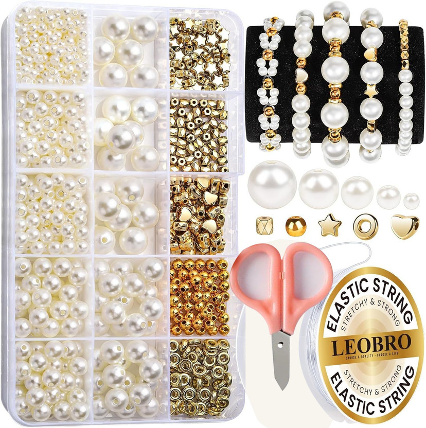 Vinskep Jewelry Making Kit - 720 PCS Assorted Sizes Pearl Round Beads And Golden Beads
