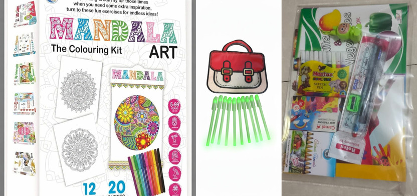 Online Aangan Mandala Colouring Kit Combo with Sketch Pens, Glow Pens, Stationery Set for Kids