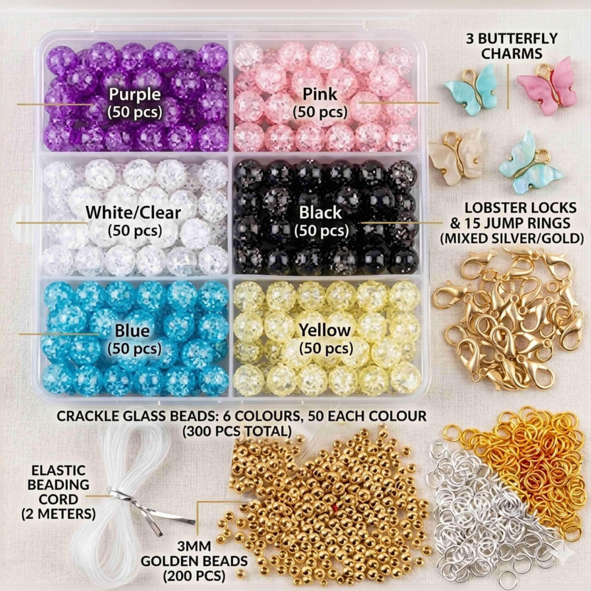JAVALI Crackel 300 Beads Jewellery Making Kit With Elastic And Other Materials