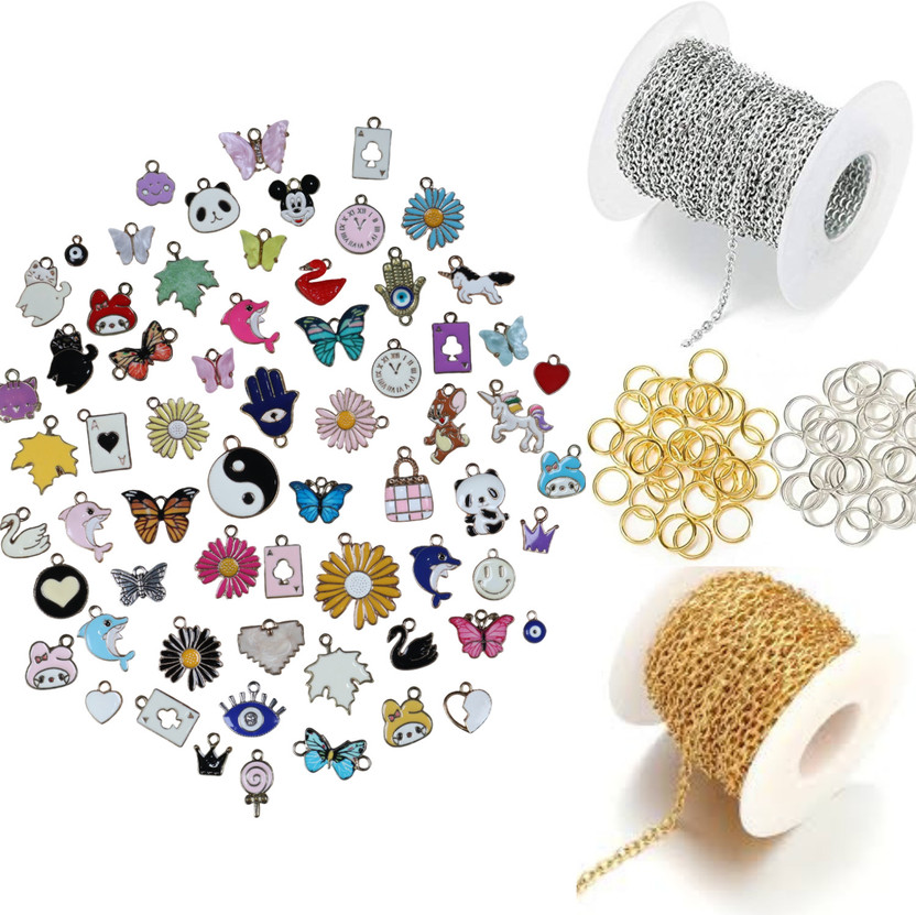 Threads & Beads Random[ 15 ] charms with silver & gold chain with kadi combo