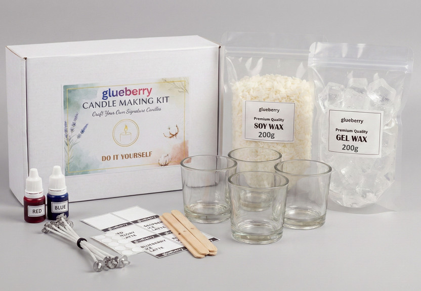 Glueberry Candle Making Kit | 200g Gel Wax, 200g Soy Wax | 4 Glass Jars, 10 Wicks, 2 Dyes