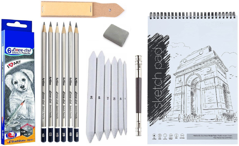 Craftacious Artline Graphite Pencils w/ Sketching/Drawing Tools Set + A5 Sketch Pad