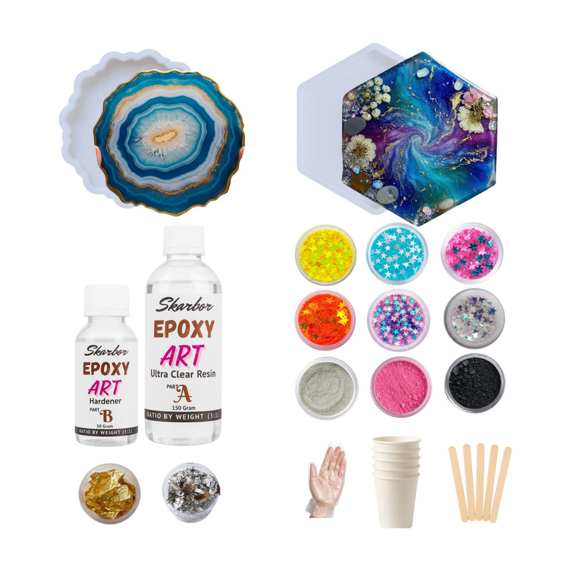 Skarbor DIY Resin Kit 200ML With Agate Coaster & Hexagon Mould Mica & Glitters (27 pc)