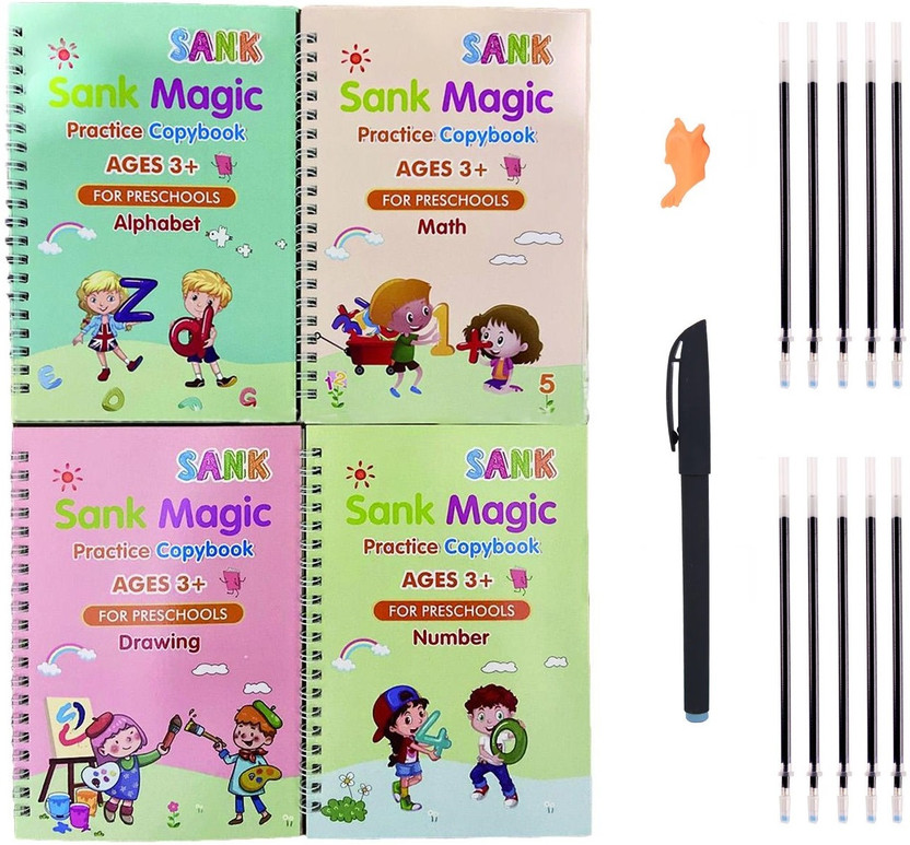 GrowFun Reusable magic Book &Number &English &Drawing &Mathematics 4Books 10Refile 1Grip