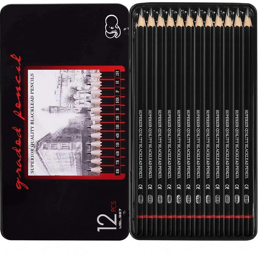PEACORA Artist Pencil for Sketching Drawing Art Pack of 12 with Metal Case