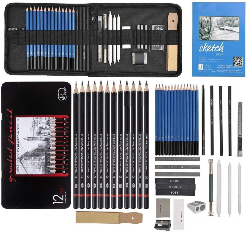 Adoere Sketching Pencil Kit 45 Pcs Professional Graphite Charcoal Sketch & Drawing Kit