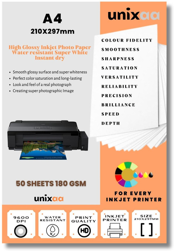UNIXAA A4 Premium 180 GSM Photo Glossy Inkjet Paper For Use With All Inkjet Printers