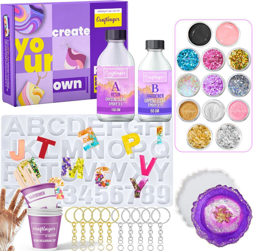Craftinger Resin Art Keychain Alphabet Making kit With 200 Gm Epoxy Resin Mould & More