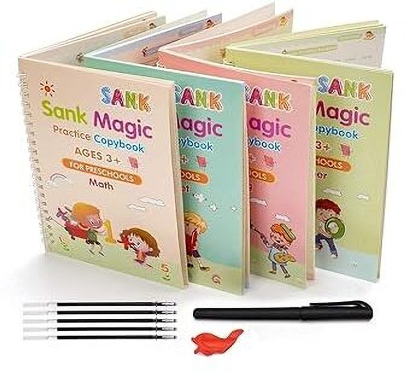 Sank Magic Practice Copybook, (4 BOOK + 10 REFILL+ 2 Pen +1 Grip) Number Tracing Book For Preschoolers With Pen, Magic Calligraphy Copybook Set Practical Reusable Writing(Spiral, Sank Book)