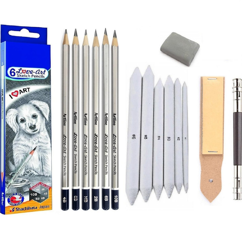 Definite Artline Set of 6 Love-Art Sketch Pencils + Blending/Smudging Stumps Set of 6 (Size 1 to 6) + Sand Paper Pencil/Stump Sharpener + One Kneadable Eraser for Graphite and Charcoal Pencils + One 13cm Pencil Extender