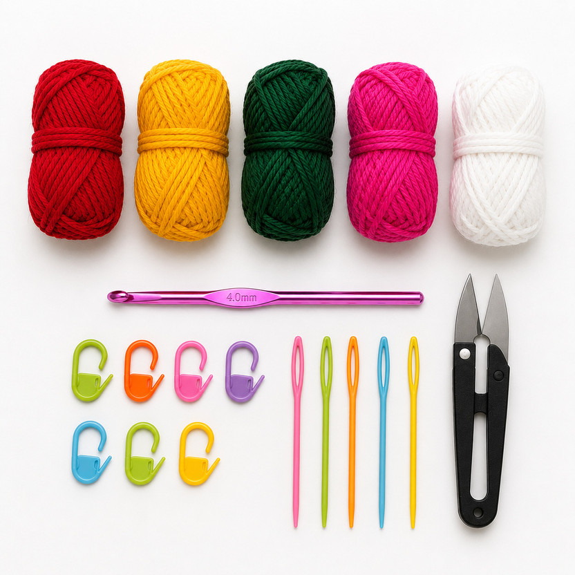 Akaar Basic Crochet Kit for Beginners I Yarn, Hook, Needles, Stitch Markers, Cutter
