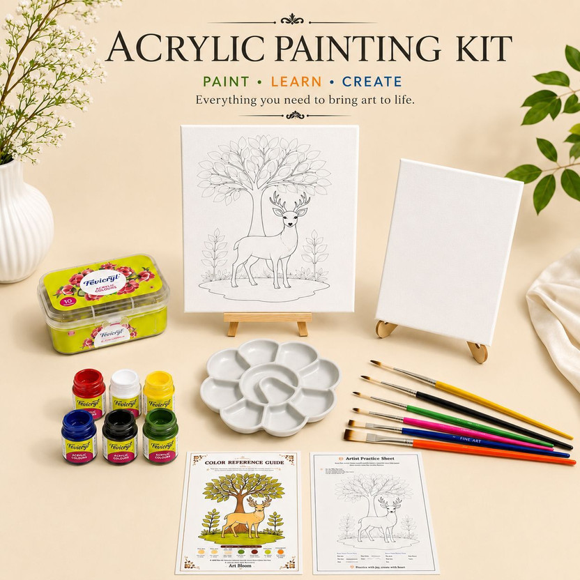 Art Art Bloom DIY Painting Kit, Printed Canvas Board, Easel, Acrylic Paints, Brushes & Palette - Flipkart Deal