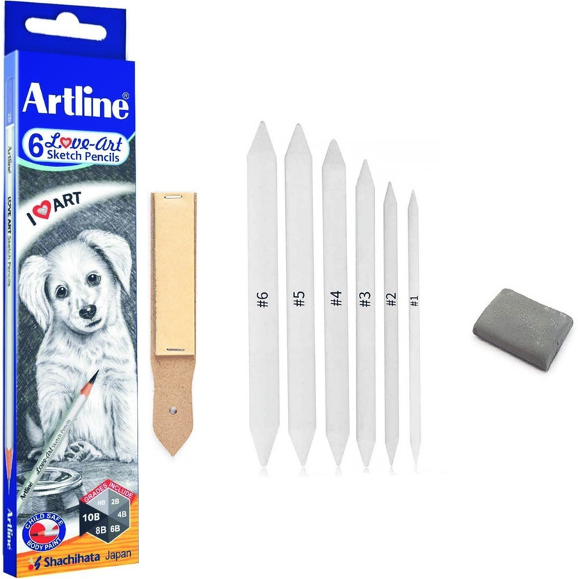 Artline Lico Love Art Sketching Pencil Pack of 6 with 6 Blending Stump + 1 Sandpaper Strip and 1 Kneadable Eraser